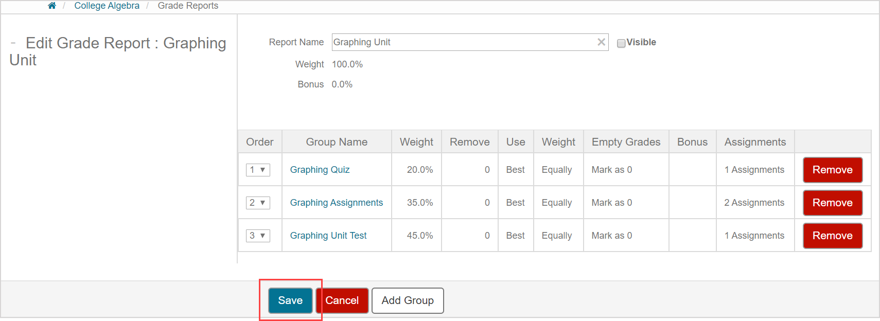 The Save button is the third button at the bottom of the Edit Grade Report screen.